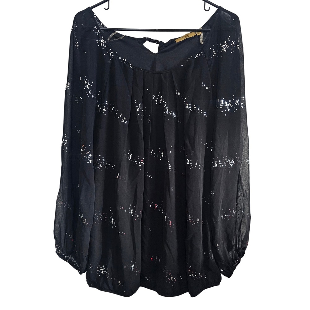 Valerie Stevens Woman Black Sequin Sheer Blouse Plus Size 2X Long Sleeve Keyhole
